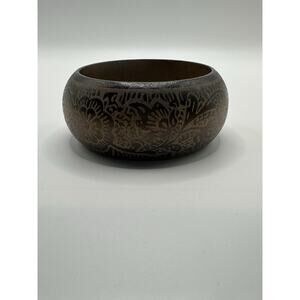Brown Wooden Bangle Bracelet Wide Floral Boho Tribal Beach Etched Size 8.25”